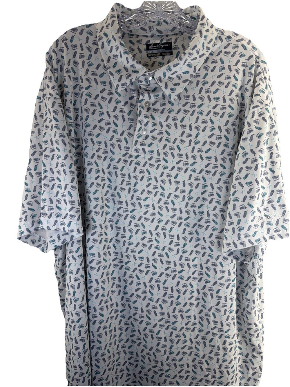 Ben Hogan Polo Shirt Mens 2XL Blue All Over Print Golf Cart Clubs Performance